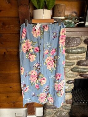 Cottagecore Linen Blend Floral Midi Pull On Skirt Garden Party Large Gap